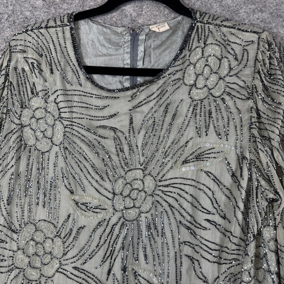 Vintage Pure Silk Beaded Floral Sheer Blouse Long Sleeve Art Ethereal Top - Picture 3 of 16
